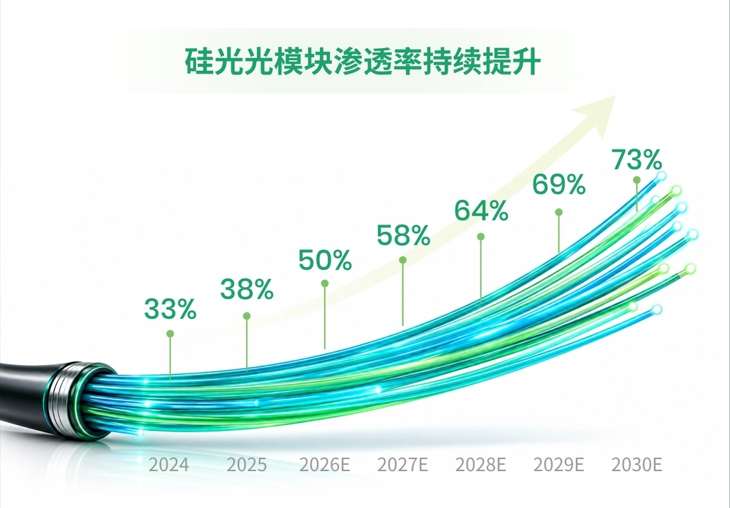硅光光模块渗透率持续提升
73%
69%
64%
58%
50%
38%
33%
2024
2025
2026E
2027E
2028E
2029E
2030E